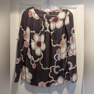Boden Brown White Pink Floral Silk Blend Blouse Long Sleeve Top Size 10 *GUC